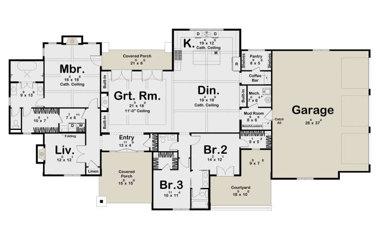 Main Floor: 3BR, 3BA, Grt Rm, Liv, Din, K, Pantry, Mud, Ldry, 3-car garage, 2 Porches, Courtyard. Cath. ceilings, Fireplace. House Plan # 963-01316 Main Floor  Floor Plan Drawing by America's Best House Plans, Inc.