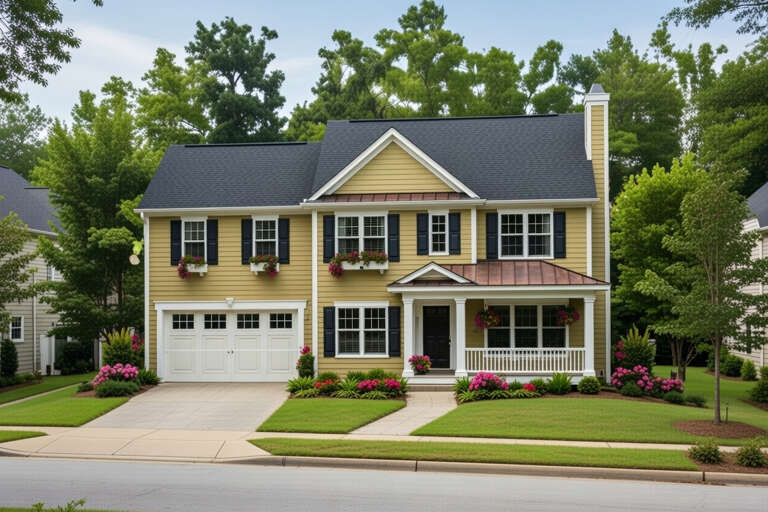 Yellow Traditional, Front Elevation with lap siding, copper roof accents, dark shutters, flower boxes, and lush landscaping. House Plan # 402-01921 Digital Rendering by America's Best House Plans, Inc.