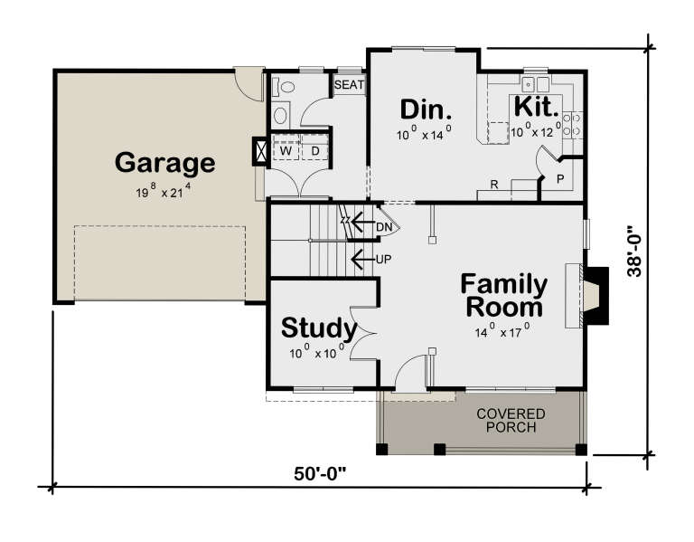 Main Floor: Study, Family Room with fireplace, Kitchen, Dining, 1 BA, Ldry, 2-car garage, stairs, covered porch. House Plan # 402-01921 Main Floor  Floor Plan Drawing by America's Best House Plans, Inc.