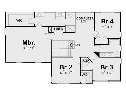 Second Floor: 4BR, 2BA, Computer Loft, Mbr WIC, Br.3 WIC, Linen closet, stairs. House Plan # 402-01921 Second Floor Floor Plan Drawing by America's Best House Plans, Inc.