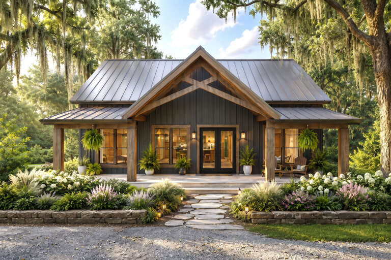 Charcoal Modern Farmhouse, Front Elevation, vertical siding, metal roof, timber beams, stone path, lush garden, lit porch. House Plan # 1776-00190 Digital Rendering by America's Best House Plans, Inc.
