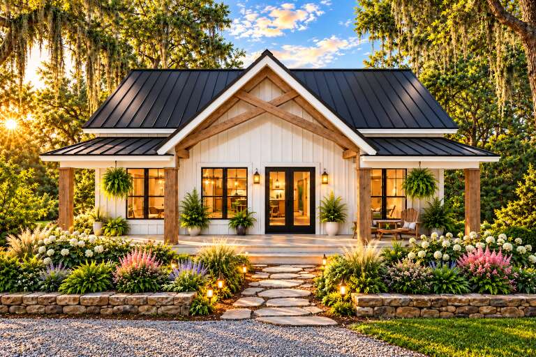 Front view of a white house in Modern Farmhouse style, black metal roof, wood accents, and lush garden landscaping. House Plan # 1776-00190