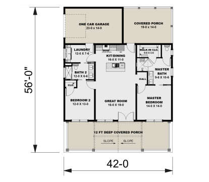 Main Floor: 2BR, 2BA, Great Room, Kit/Dining, Ldry, 1-car garage, 2 covered porches, Master WIC. Unheated: garage/porches. House Plan # 1776-00190 Main Floor  Floor Plan Drawing by America's Best House Plans, Inc.
