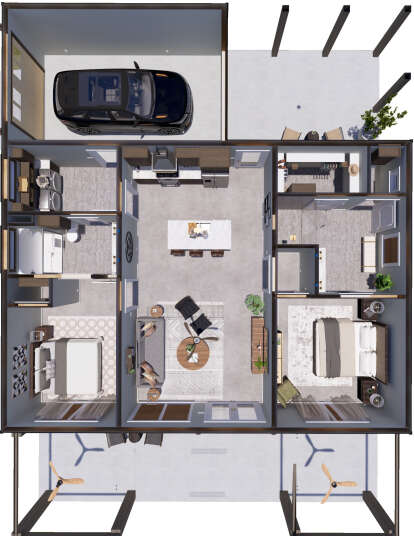 Overhead Main Floor: 2BR, 2BA, open Kitchen/Living, Ldry, 1-car garage, WIC, covered patio. Unheated: garage and patio. House Plan # 1776-00190 Overhead Main Floor Floor Plan Drawing by America's Best House Plans, Inc.
