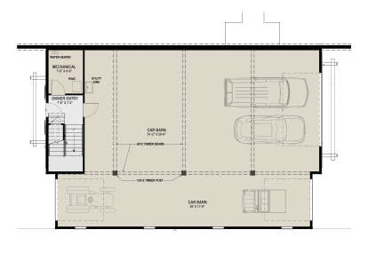 Garage Level: Large car barn, owner entry, mechanical room, utility sink, stairs. Timber beam and post construction. House Plan # 425-00074 Garage/Basement Floor Plan Drawing by America's Best House Plans, Inc.