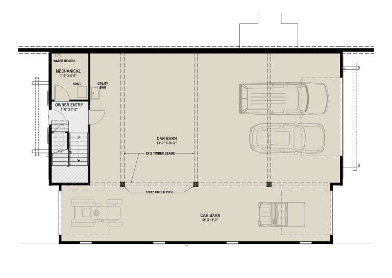 Garage Level: Large car barn, owner entry, mechanical room, utility sink, stairs. Timber beam and post construction. House Plan # 425-00074 Garage/Basement Floor Plan Drawing by America's Best House Plans, Inc.