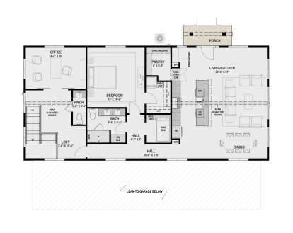 Main Floor: 1BR, 1.5BA, Office, Loft, Living/Kitchen/Dining, Pantry, Bunk area, Porch, Stairs. Vaulted ceilings, beam detail. House Plan # 425-00074 Main Floor Floor Plan Drawing by America's Best House Plans, Inc.