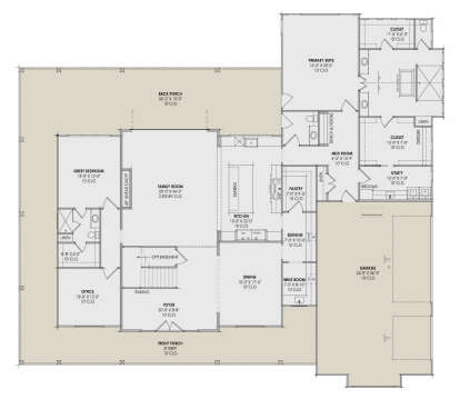 Main Floor: 2BR, 2.5BA, Office, Family (2-story clg), Kitchen, Dining, Wine Rm, Ldry, 3-car garage, 2 Porches, FP, 2 WICs. House Plan # 7983-00202 Main Floor Floor Plan Drawing by America's Best House Plans, Inc.