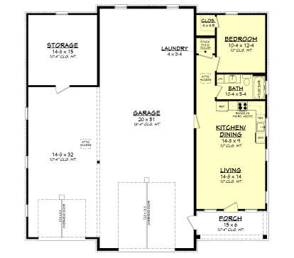 Main Floor: 1BR, 1BA, Kitchen/Dining, Living, Ldry, Closet. 2-car Garage, Storage, Porch. 10' ceilings. Unheated: Garage/Storage. House Plan # 041-00450 Main Floor  Floor Plan Drawing by America's Best House Plans, Inc.