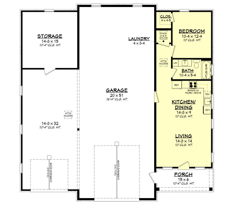 Main Floor: 1BR, 1BA, Kitchen/Dining, Living, Ldry, Closet. 2-car Garage, Storage, Porch. 10' ceilings. Unheated: Garage/Storage. House Plan # 041-00450 Main Floor  Floor Plan Drawing by America's Best House Plans, Inc.