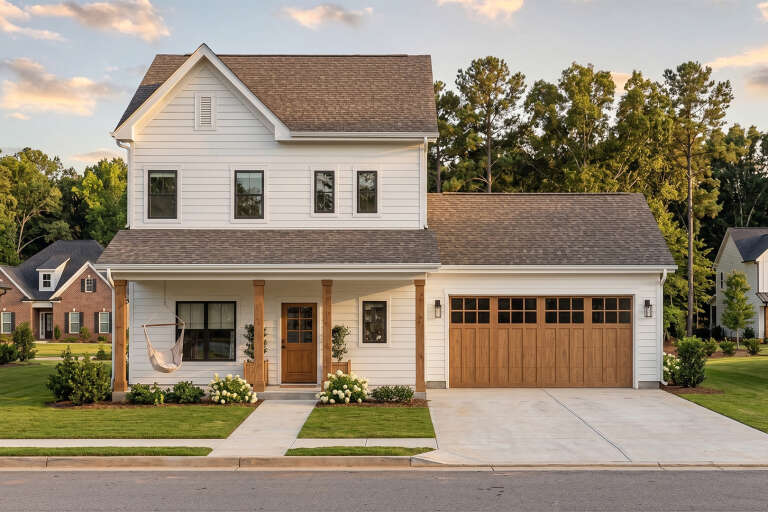 White Traditional, Front Elevation with wood garage, porch swing, timber posts, lush landscaping, and concrete driveway. House Plan # 963-01317 Digital Rendering by America's Best House Plans, Inc.