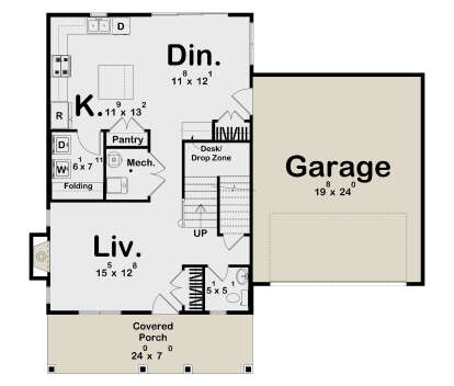 Main Floor: 1 BA, Kitchen, Dining, Living, Pantry, Ldry, Desk/Drop Zone, 2-car garage, stairs, fireplace, covered porch. House Plan # 963-01317 Main Floor  Floor Plan Drawing by America's Best House Plans, Inc.
