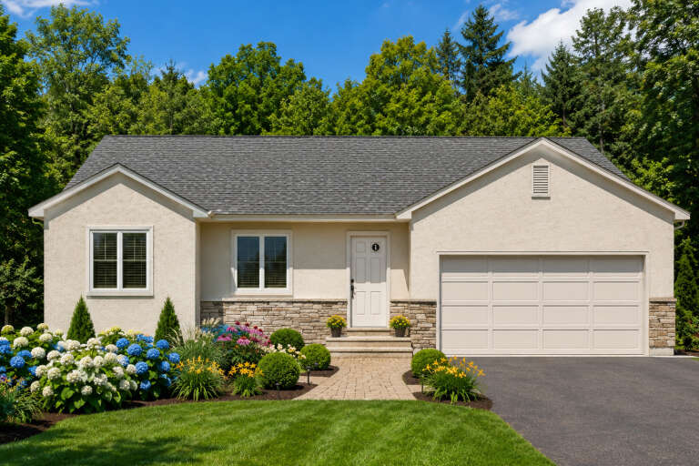 Beige Traditional, Front Elevation with stucco siding, stone veneer base, paver walkway, and lush hydrangea landscaping. House Plan # 8768-00222 Digital Rendering by America's Best House Plans, Inc.