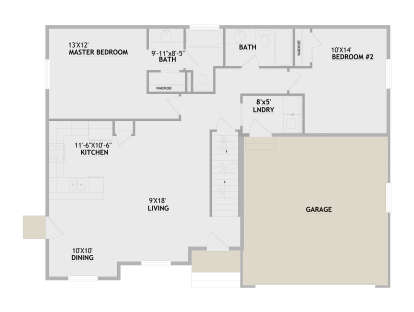 Main Floor: 2BR, 2BA, Living, Kitchen, Dining, Ldry, stairs, 2-car garage. Unheated: garage area. Wardrobe closets. House Plan # 8768-00222 Main Floor  Floor Plan Drawing by America's Best House Plans, Inc.