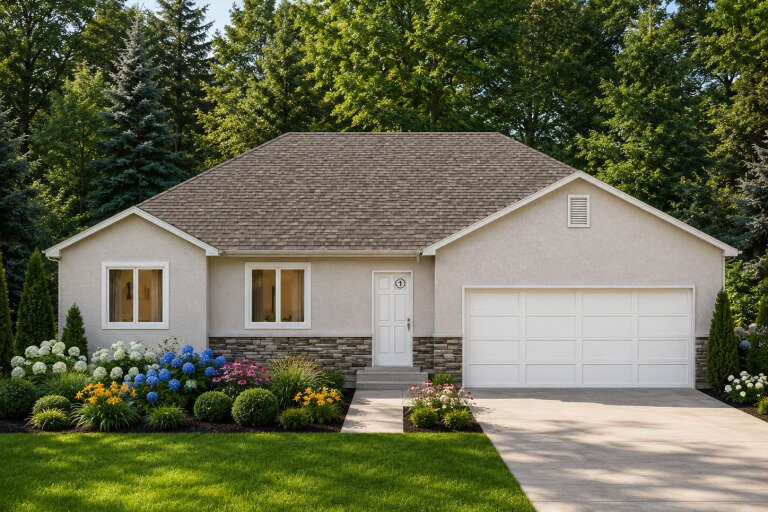 Beige Traditional, Front Elevation with stucco siding, stone veneer base, white garage door, and lush floral landscaping. House Plan # 8768-00223 Digital Rendering by America's Best House Plans, Inc.