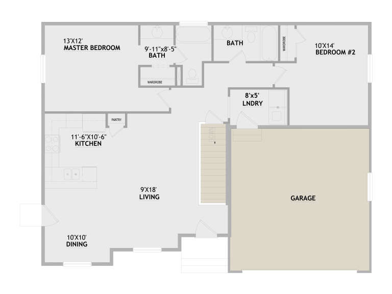 Main Floor: 2BR, 2BA, Kitchen, Dining, Living, Pantry, Ldry, 1-car garage, stairs, 2 wardrobes. Unheated: garage area. House Plan # 8768-00223 Main Floor  Floor Plan Drawing by America's Best House Plans, Inc.