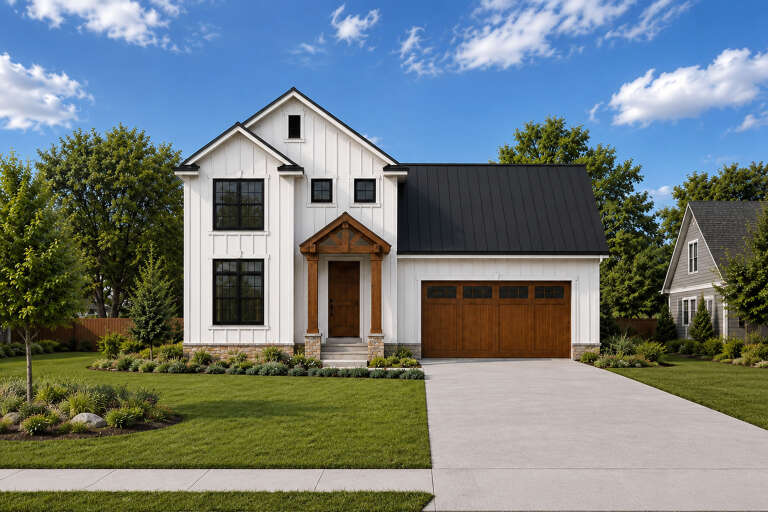 White Modern Farmhouse, Front Elevation, board-and-batten siding, metal roof, wood accents, stone base, lush landscaping. House Plan # 402-01922 Digital Rendering by America's Best House Plans, Inc.