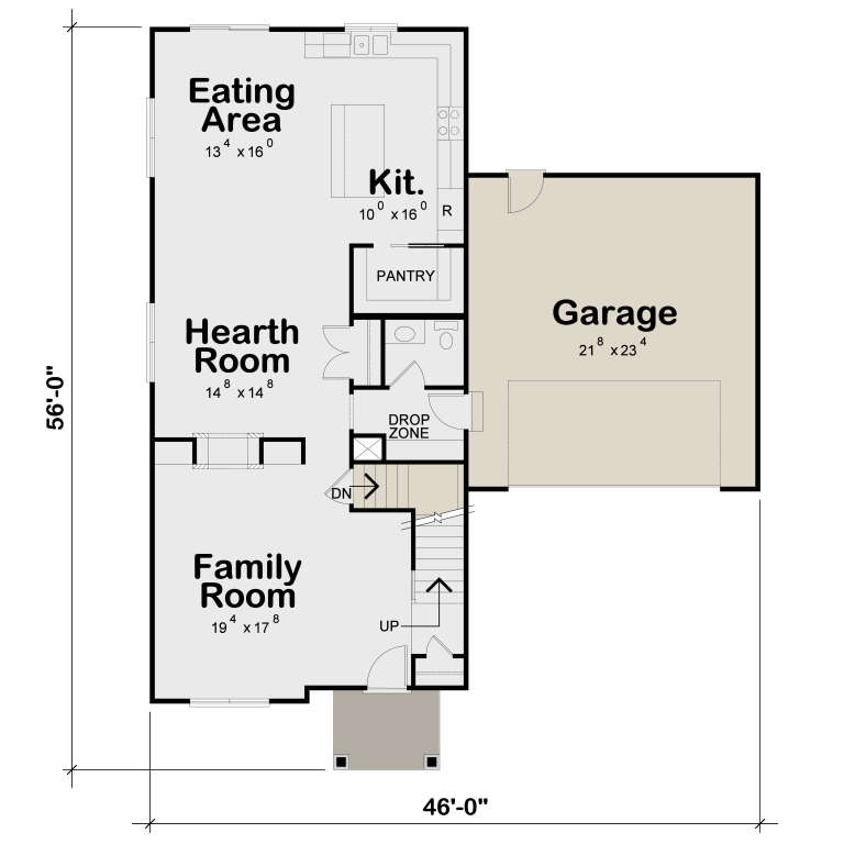 Main Floor: Family Room, Hearth Room with fireplace, Kitchen, Eating Area, Pantry, Half BA, Drop Zone, 2-car garage, stairs. House Plan # 402-01922 Main Floor  Floor Plan Drawing by America's Best House Plans, Inc.