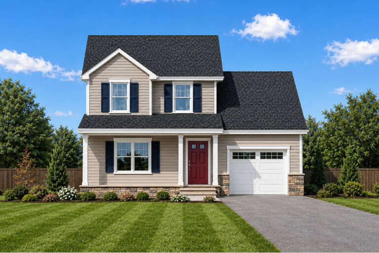 Tan Traditional Front Elevation, horizontal siding, stone base, blue shutters, red door, white garage, lush landscaping. House Plan # 402-01923 Digital Rendering by America's Best House Plans, Inc.