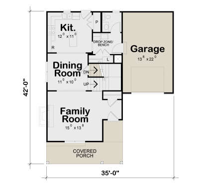 Main Floor: 0BR, 1BA, Kitchen, Dining, Family, Pantry, Drop Zone, Ldry, 1-car garage, stairs, covered porch, fireplace. House Plan # 402-01923 Main Floor  Floor Plan Drawing by America's Best House Plans, Inc.