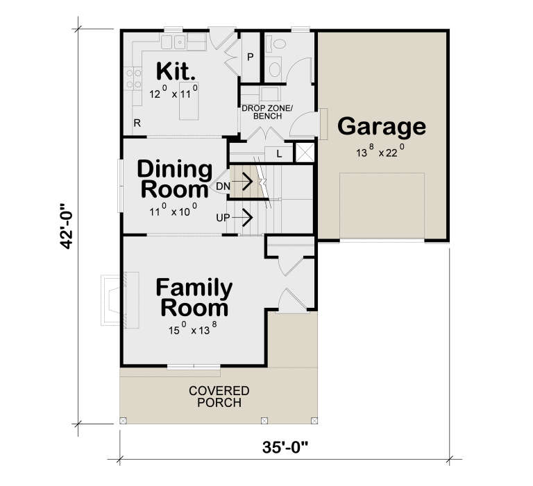 Main Floor: 0BR, 1BA, Kitchen, Dining, Family, Pantry, Drop Zone, Ldry, 1-car garage, stairs, covered porch, fireplace. House Plan # 402-01923 Main Floor  Floor Plan Drawing by America's Best House Plans, Inc.