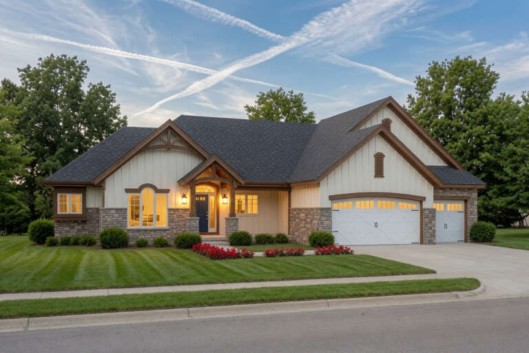 Cream Craftsman, Angled Front Elevation, board-and-batten siding, stone base, lit porch, garage, and manicured lawn. House Plan # 402-01924 Digital Rendering by America's Best House Plans, Inc.