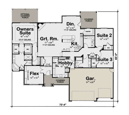 Main Floor: 3BR, 3BA, Grt Rm, Kit, Din, Flex, Hobby, 3-car Gar, 3 WIC, 2 Covered Porches. 11' ceilings, Pantry, Pet Zone. House Plan # 402-01924 Main Floor  Floor Plan Drawing by America's Best House Plans, Inc.