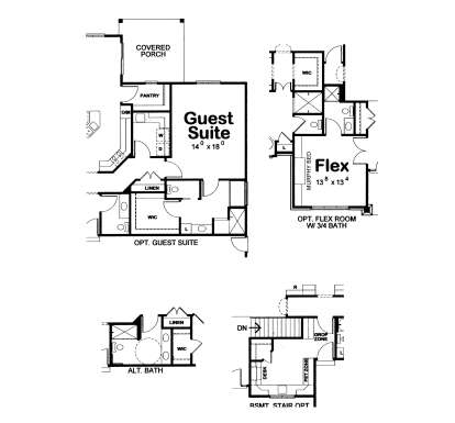 Additional Options: Guest Suite, Flex room, 3/4 Bath, Alt Bath, WIC, Pantry, Ldry, Covered Porch, Drop Zone, Pet Zone, Stairs. House Plan # 402-01924 Additional Options Floor Plan Drawing by America's Best House Plans, Inc.
