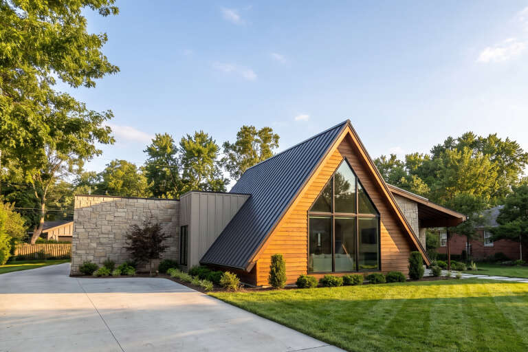 Brown Contemporary, Angled Front Elevation, wood siding, stone wall, metal roof, floor-to-ceiling glass, lush landscaping. House Plan # 8318-00502 Digital Rendering by America's Best House Plans, Inc.