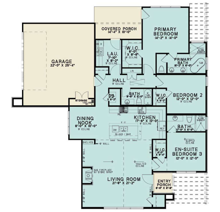 Main Floor: 3BR, 3BA, Kitchen, Dining Nook, Vaulted Living Rm w/ Fireplace, Ldry, 2-car garage, 2 Porches, 3 WIC, Sloped BR3. House Plan # 8318-00502 Main Floor  Floor Plan Drawing by America's Best House Plans, Inc.
