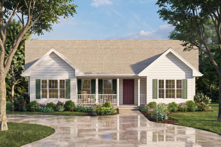 White Traditional Front Elevation, horizontal siding, green shutters, red door, porch rockers, stone path, landscaping. House Plan # 699-00545 Digital Rendering by America's Best House Plans, Inc.