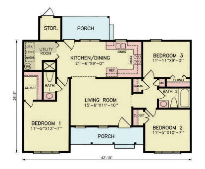 Main Floor: 3BR, 2BA, Living Room, Kitchen/Dining, Ldry, 3 Closets, 2 Porches, Storage. Unheated: Porches, Storage. House Plan # 699-00545 Main Floor  Floor Plan Drawing by America's Best House Plans, Inc.