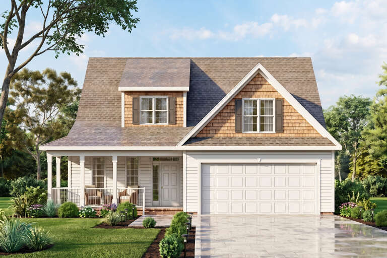 White Country, Front Elevation, shingle siding, covered porch, brick steps, paved driveway, and lush garden landscaping. House Plan # 699-00546 Digital Rendering by America's Best House Plans, Inc.