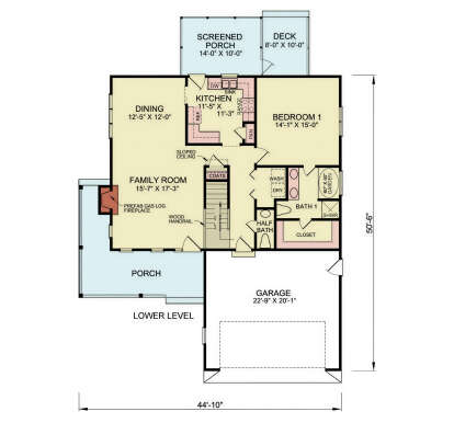 Main Floor: 1BR, 1.5BA, Kitchen, Dining, Family w/ fireplace, Ldry, 2-car garage, Screened Porch, Deck, Sloped ceiling. House Plan # 699-00546 Main Floor  Floor Plan Drawing by America's Best House Plans, Inc.