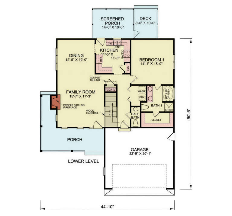 Main Floor: 1BR, 1.5BA, Kitchen, Dining, Family w/ fireplace, Ldry, 2-car garage, Screened Porch, Deck, Sloped ceiling. House Plan # 699-00546 Main Floor  Floor Plan Drawing by America's Best House Plans, Inc.