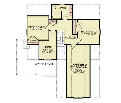 Second Floor: 2 BR, 1 BA, Home Office, Unfinished Rec Room, stairs, closets, linen closet, 42" half wall. House Plan # 699-00546 Second Floor Floor Plan Drawing by America's Best House Plans, Inc.