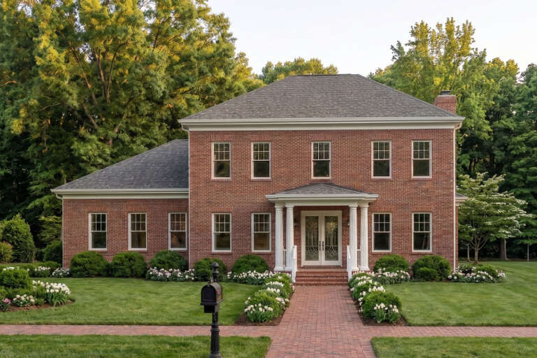 Red Colonial, Front Elevation with brick siding, white columns, glass double doors, brick walkway, and lush landscaping. House Plan # 963-01318 Digital Rendering by America's Best House Plans, Inc.