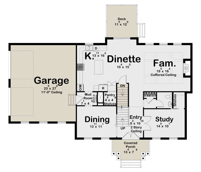 Main Floor: 1BA, Kitchen, Dinette, Coffered Fam, Dining, Study, Mud, Pantry, 3-car Garage, Stairs, Covered Porch, Deck. House Plan # 963-01318 Main Floor  Floor Plan Drawing by America's Best House Plans, Inc.