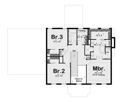 Second Floor: 3BR, 2BA, Ldry, stairs, open to below. Mbr with 10' ceiling, WIC. Linen closets. House Plan # 963-01318 Second Floor Floor Plan Drawing by America's Best House Plans, Inc.