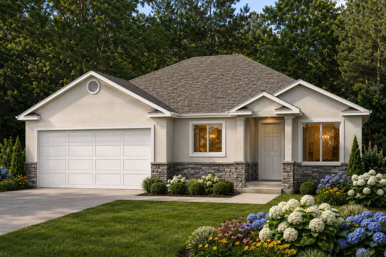 Beige Traditional, Front Elevation with stucco siding, stone veneer base, white garage door, and lush hydrangea garden. House Plan # 8768-00224 Digital Rendering by America's Best House Plans, Inc.
