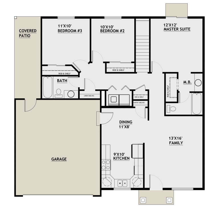 Main Floor: 3BR, 2BA, Kitchen, Dining, Family, Ldry, WIC, stairs, 1-car garage, covered patio. Unheated: garage, patio. House Plan # 8768-00224 Main Floor  Floor Plan Drawing by America's Best House Plans, Inc.