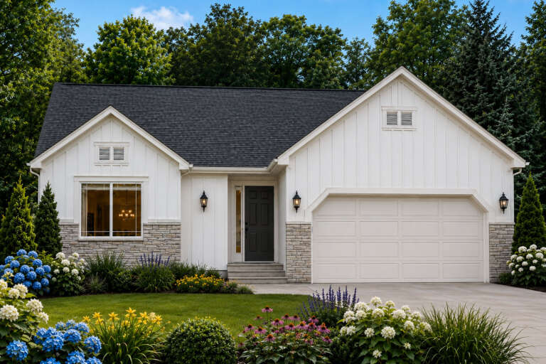 White Traditional, Front Elevation with board-and-batten siding, stone veneer base, black door, and lush garden beds. House Plan # 8768-00225 Digital Rendering by America's Best House Plans, Inc.