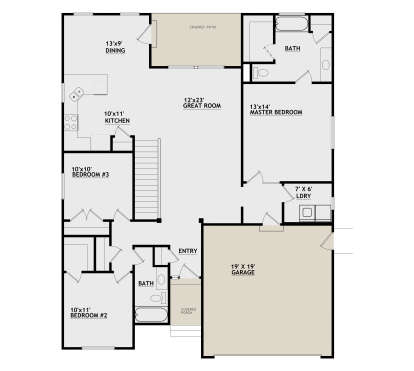 Main Floor: 3BR, 2BA, Great Room, Kitchen, Dining, Ldry, 2-car garage, stairs, covered porch, covered patio. House Plan # 8768-00225 Main Floor  Floor Plan Drawing by America's Best House Plans, Inc.