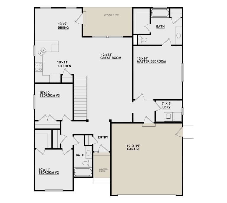 Main Floor: 3BR, 2BA, Great Room, Kitchen, Dining, Ldry, 2-car garage, stairs, covered porch, covered patio. House Plan # 8768-00225 Main Floor  Floor Plan Drawing by America's Best House Plans, Inc.