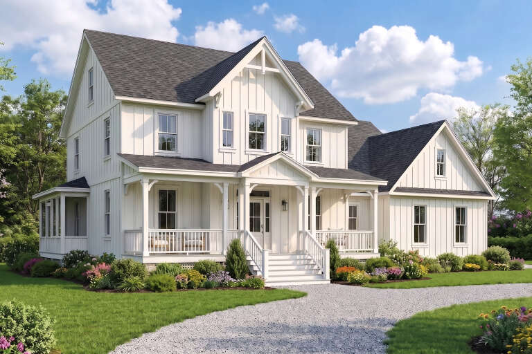 White Modern Farmhouse, Angled Front Elevation, board-and-batten siding, covered porch, gravel drive, lush landscaping. House Plan # 8318-00503 Digital Rendering by America's Best House Plans, Inc.