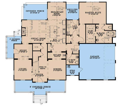 Main Floor: 1BR, 1.5BA, Great Rm, Kitchen, Dining, Study, Ldry, Butler's Pantry, 2-car garage, 3 porches, vaulted ceilings. House Plan # 8318-00503 Main Floor  Floor Plan Drawing by America's Best House Plans, Inc.