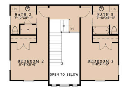 Second Floor: 2BR, 2BA, stairs, open to below, linen closets. House Plan # 8318-00503 Second Floor Floor Plan Drawing by America's Best House Plans, Inc.