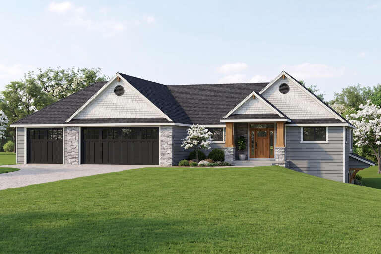 Grey Craftsman, Angled Front Elevation, stone accents, horizontal siding, shake gables, wood columns, black garage doors. House Plan # 5032-00463 Digital Rendering by America's Best House Plans, Inc.
