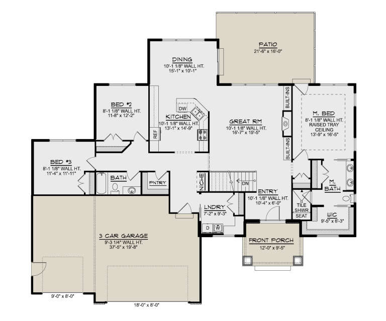 Main Floor: 3BR, 2BA, Great Rm, Dining, Kitchen, Ldry, Pantry, 3-car garage, Patio, Porch, Stairs. Tray ceiling in M. Bed. House Plan # 5032-00463 Main Floor Floor Plan Drawing by America's Best House Plans, Inc.