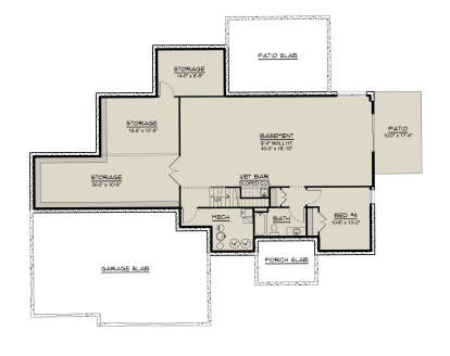 Basement: 1BR, 1BA, large rec room, wet bar with sloped ceiling, 3 storage areas, mech room, patio, porch slab. House Plan # 5032-00463 Basement Floor Plan Drawing by America's Best House Plans, Inc.